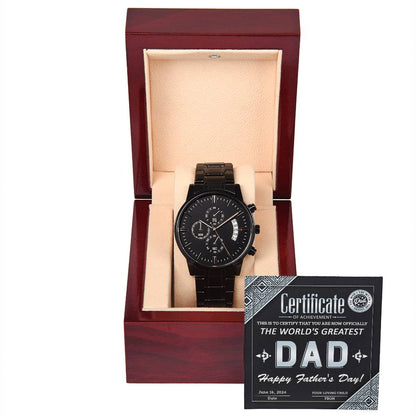 Certificate of Achievement for the World's Greatest Dad: Black Chronograph Watch